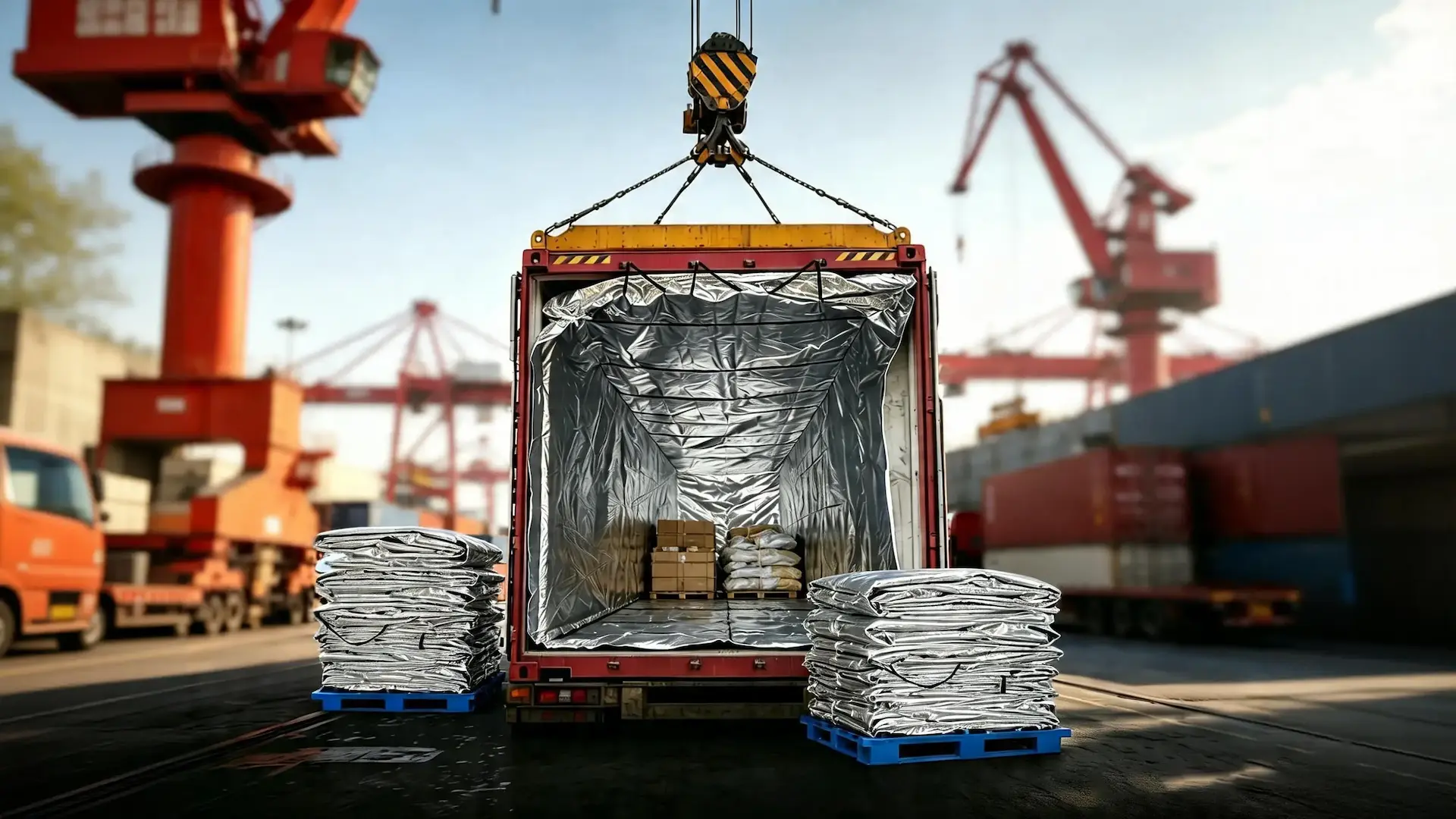 Reflective thermal container liner at a cargo port