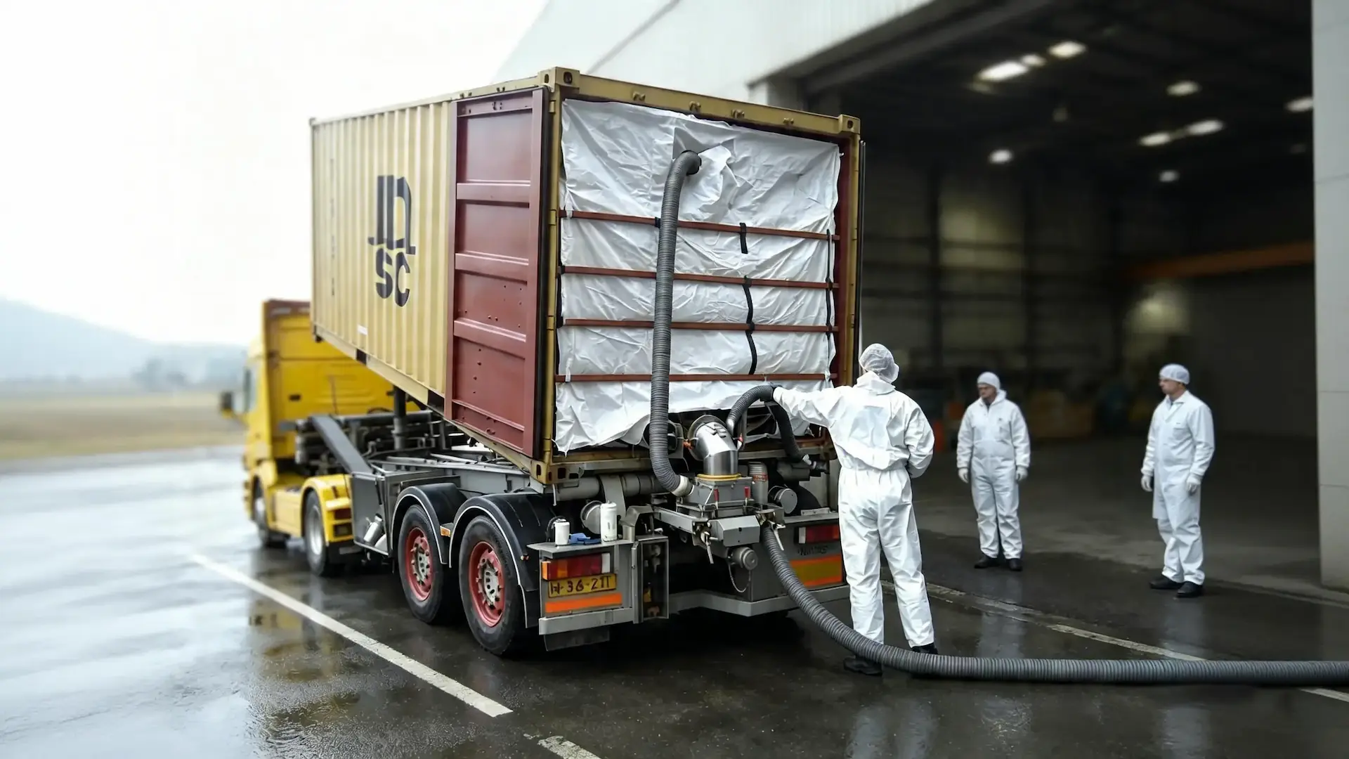 Dry bulk container liner connected to cargo loading equipment
