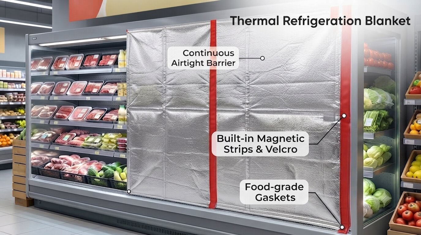 Thermal refrigeration blanket covering a retail display cabinet