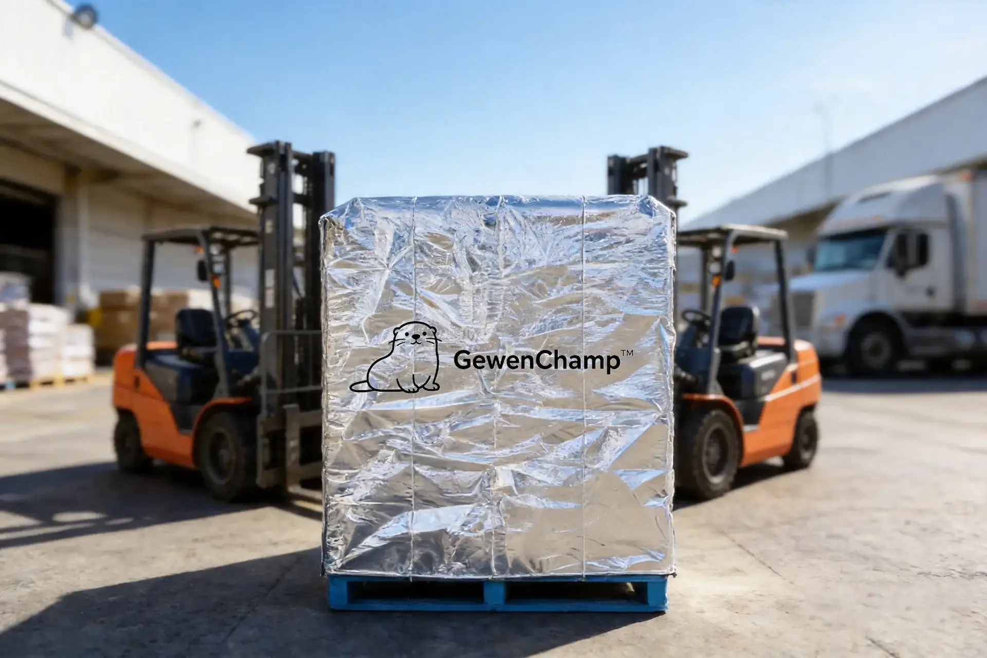 GewenChamp reflective thermal cover around a pallet load